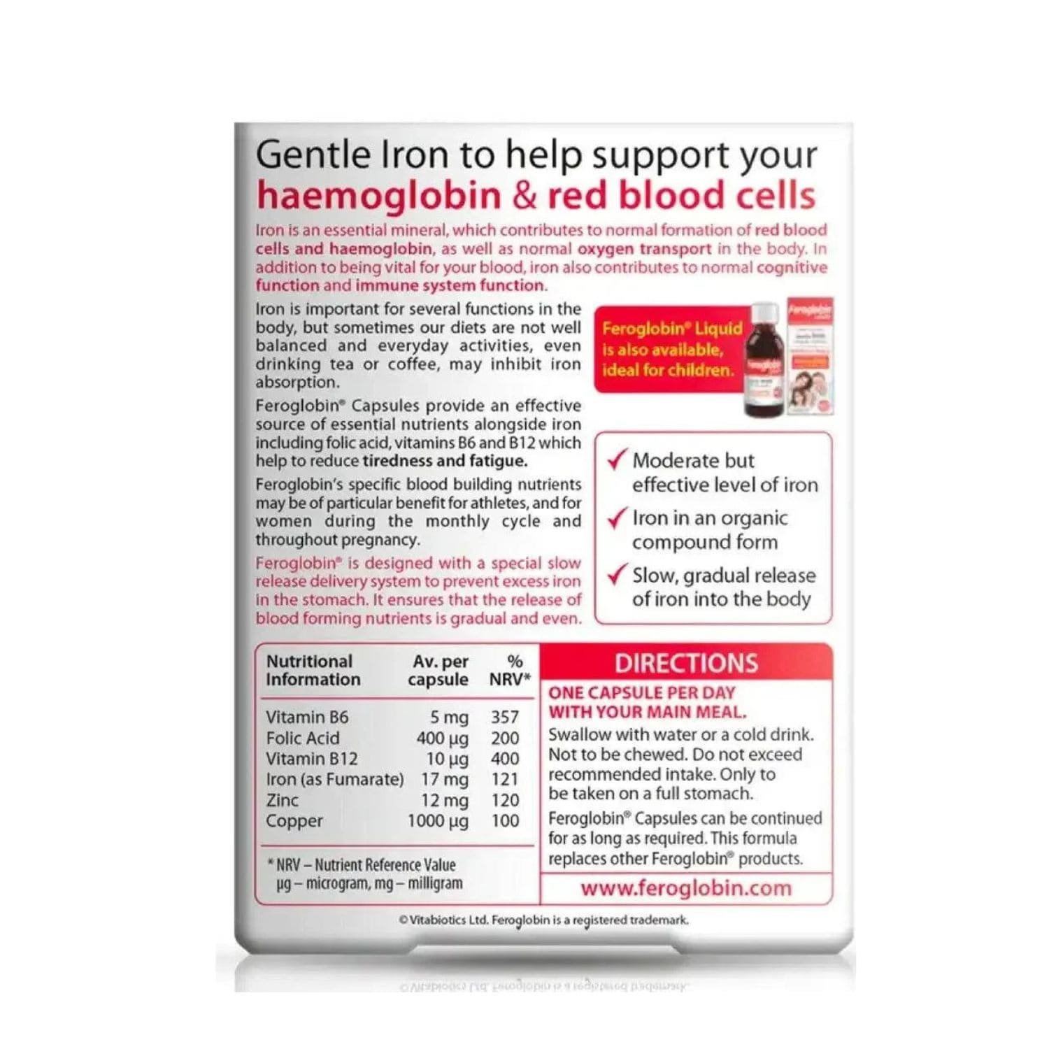 Close-up of Vitabiotics Feroglobin Original nutrition facts table and ingredients list
