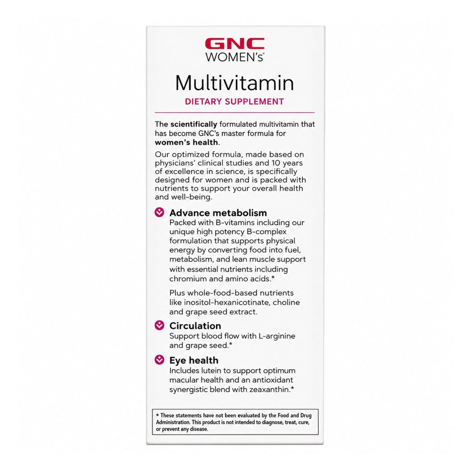 GNC Women's Multivitamin Diabetic Support 90 caplets ingredients and supplement facts label