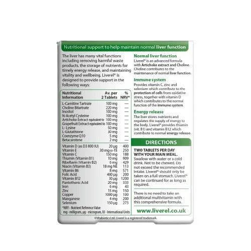Rear label ingredients list of Vitabiotics Liverel Original tablets box