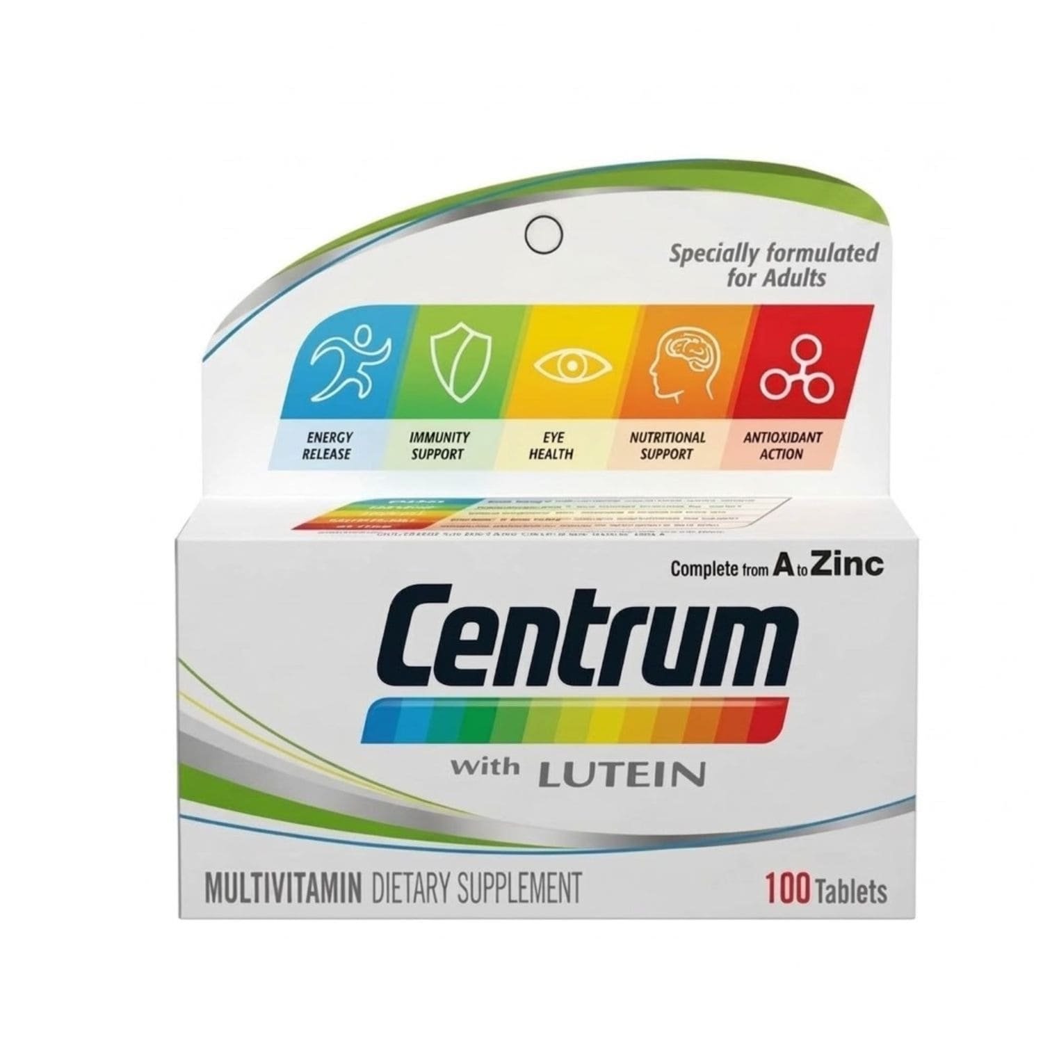 Front view of Centrum with Lutein Multivitamin Dietary Supplement 100 tablets packaging showing