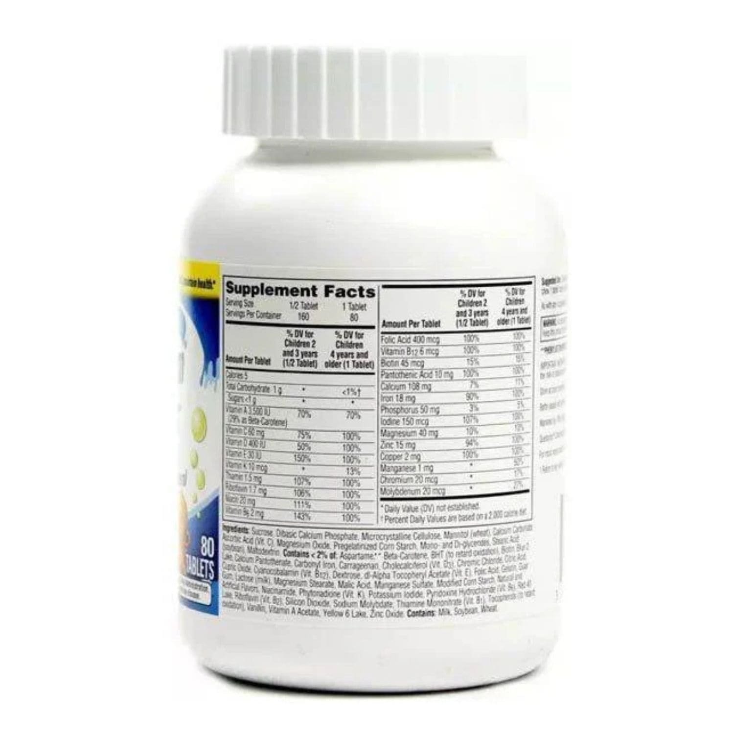 Detailed supplement facts and ingredients label for Centrum Kids Multivitamin 80 chewable tablets