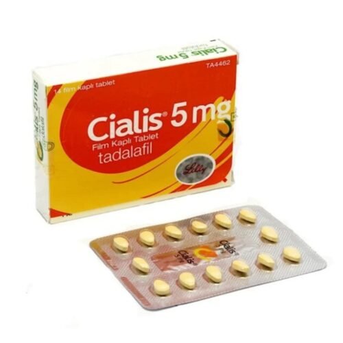 Front view of original Cialis 5mg 28 film-coated tablets box package with Arabic