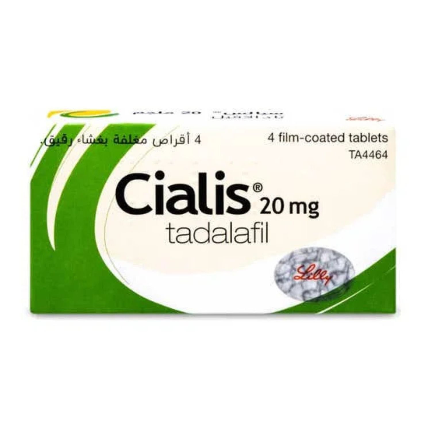 Front view of original Cialis 20mg 4 tablets box package featuring Saudi Arabia