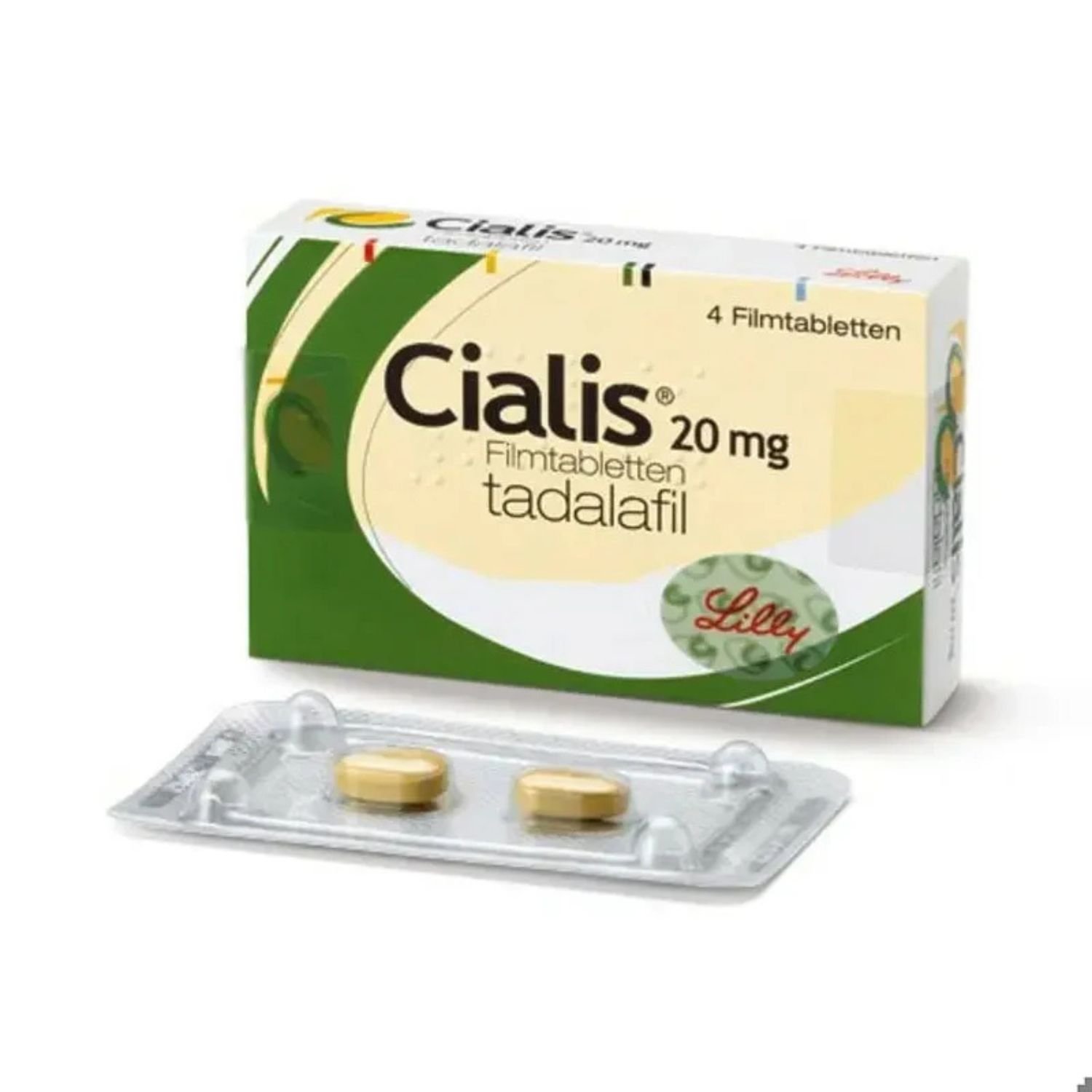 Front view of Eli Lilly Cialis 20mg 4 tablets retail box packaging