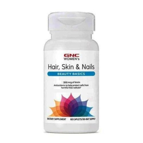 Front label view of GNC Women’s Hair, Skin & Nails Beauty Basics multivitamin bottle, 60 caplets