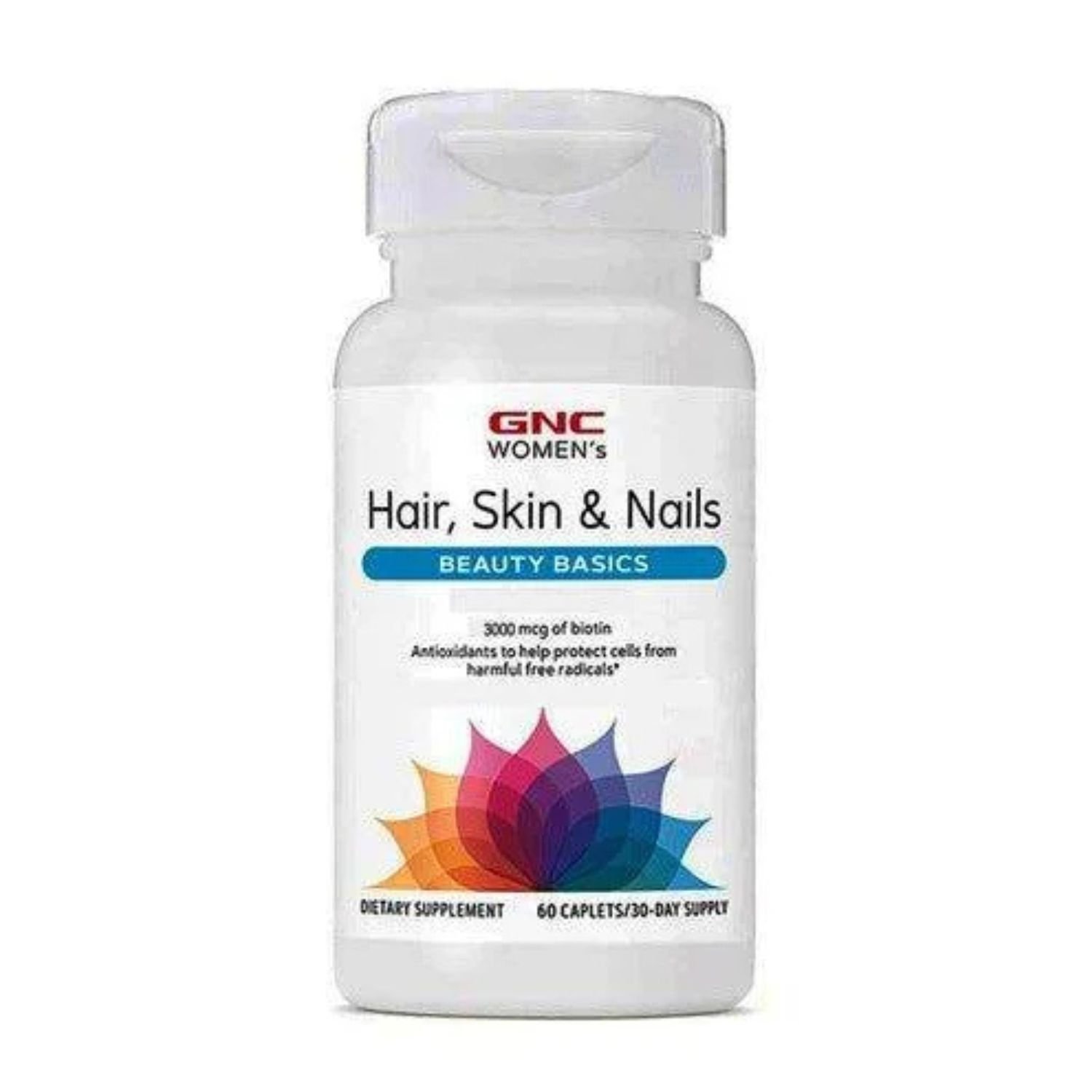 Front label view of GNC Women’s Hair, Skin & Nails Beauty Basics multivitamin bottle, 60 caplets