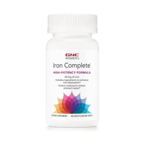 Front view of GNC Women’s Iron Complete dietary supplement bottle, 60 caplets.