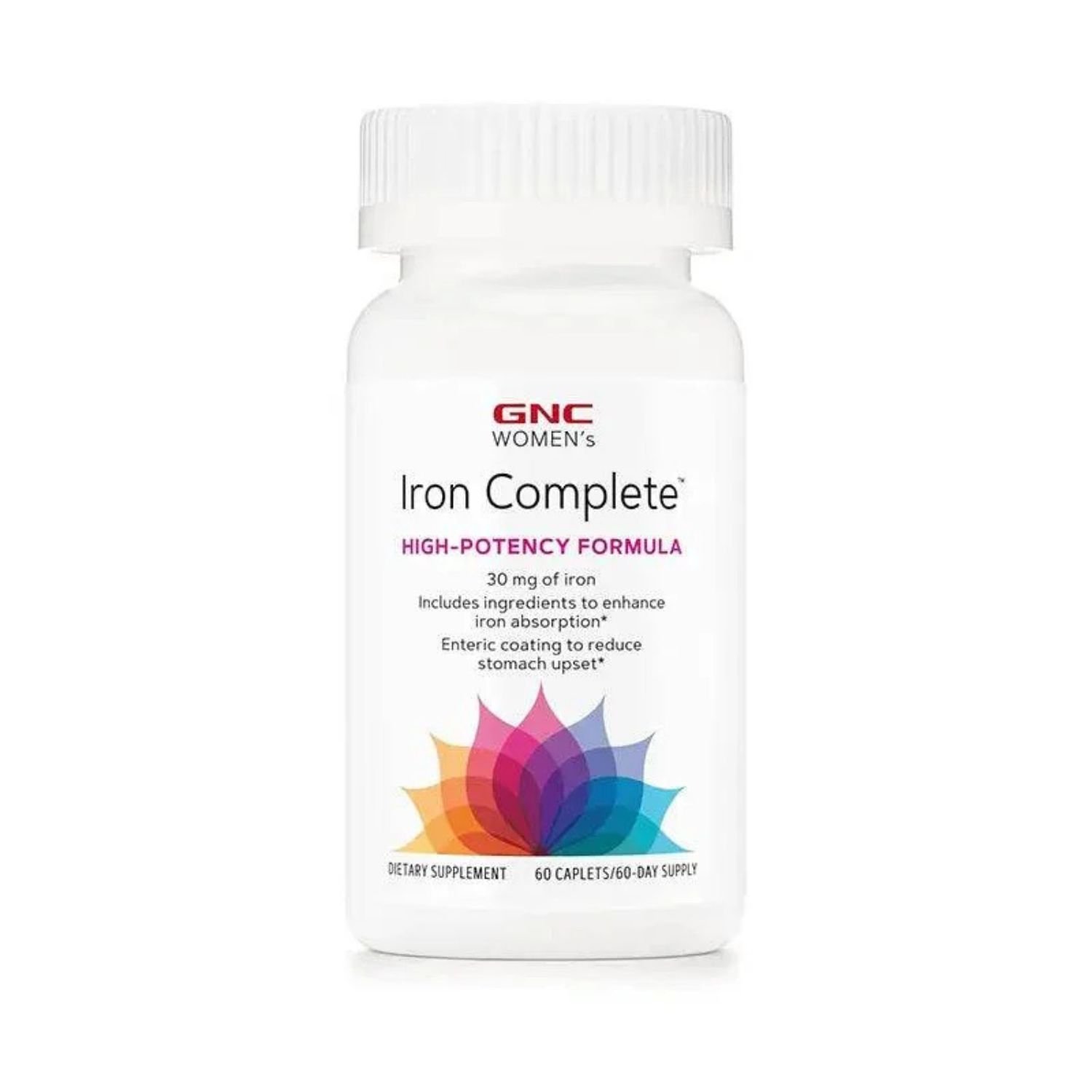 Front view of GNC Women’s Iron Complete dietary supplement bottle, 60 caplets.