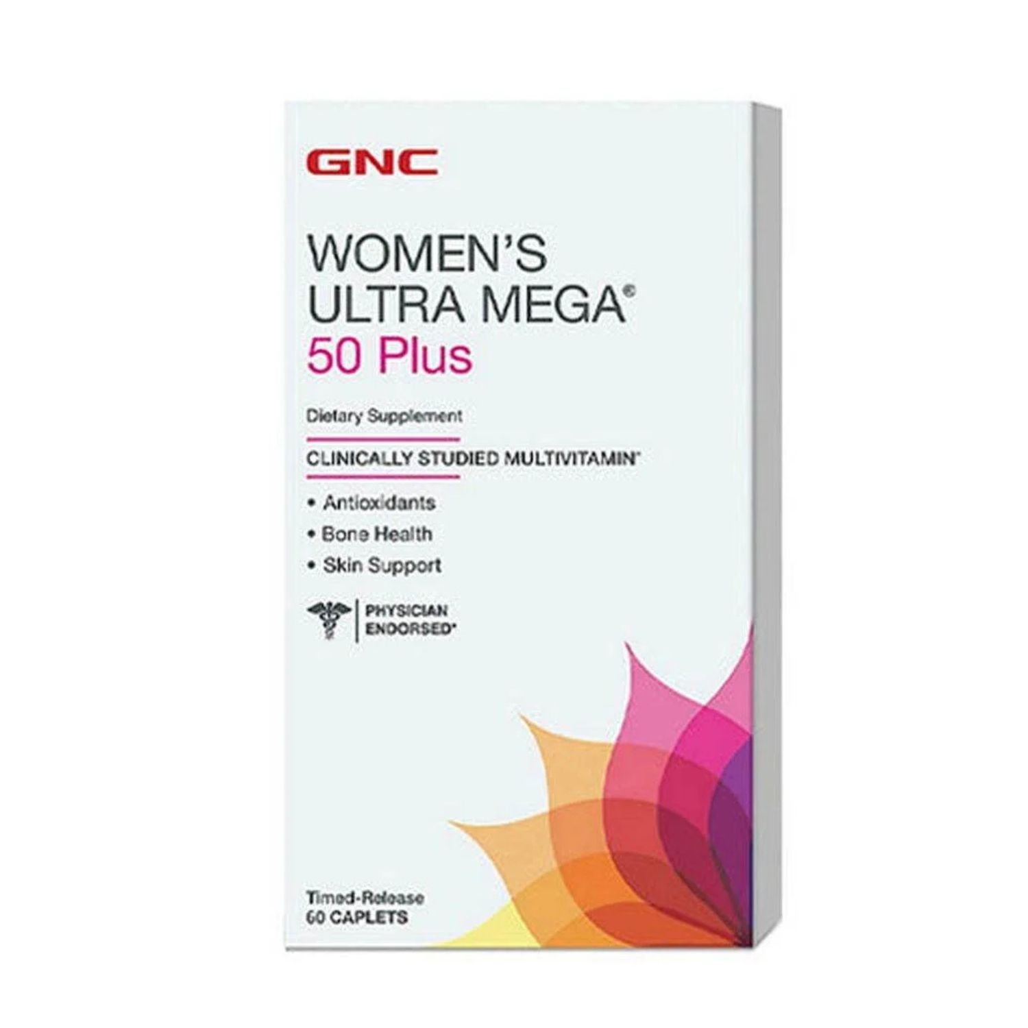 Front view of GNC Women’s Ultra Mega 50 Plus multivitamin bottle, 60 timed-release caplets.