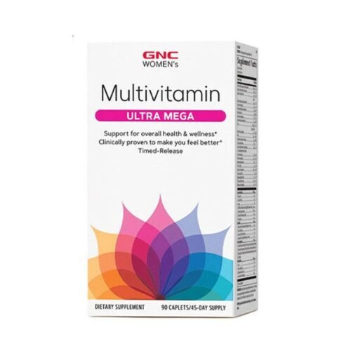 Front view of GNC Women’s Ultra Mega daily multivitamin bottle,