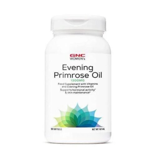 Front view of GNC Women’s Evening Primrose Oil 1300mg dietary supplement bottle, 180 softgels.