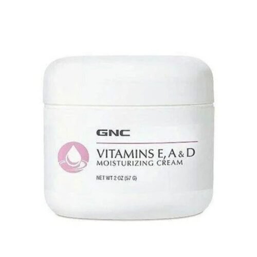 Front view of GNC Vitamins E, A and D Moisturizing Cream jar, 2 oz 57g size.