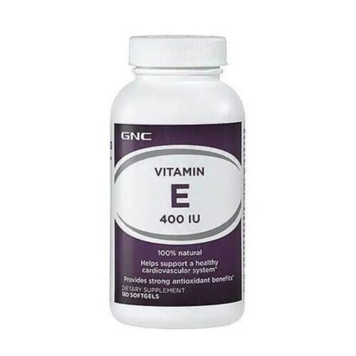 Front view of GNC Vitamin E 400 IU dietary supplement bottle, 180 softgels