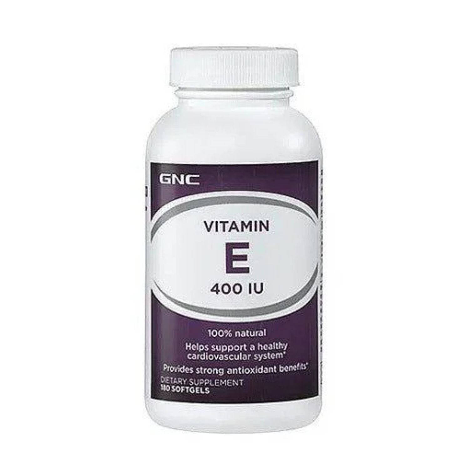 Front view of GNC Vitamin E 400 IU dietary supplement bottle, 180 softgels