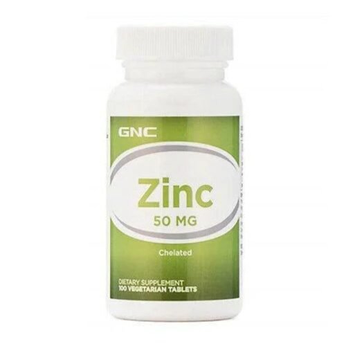 Front view of GNC Zinc 50mg dietary supplement bottle,