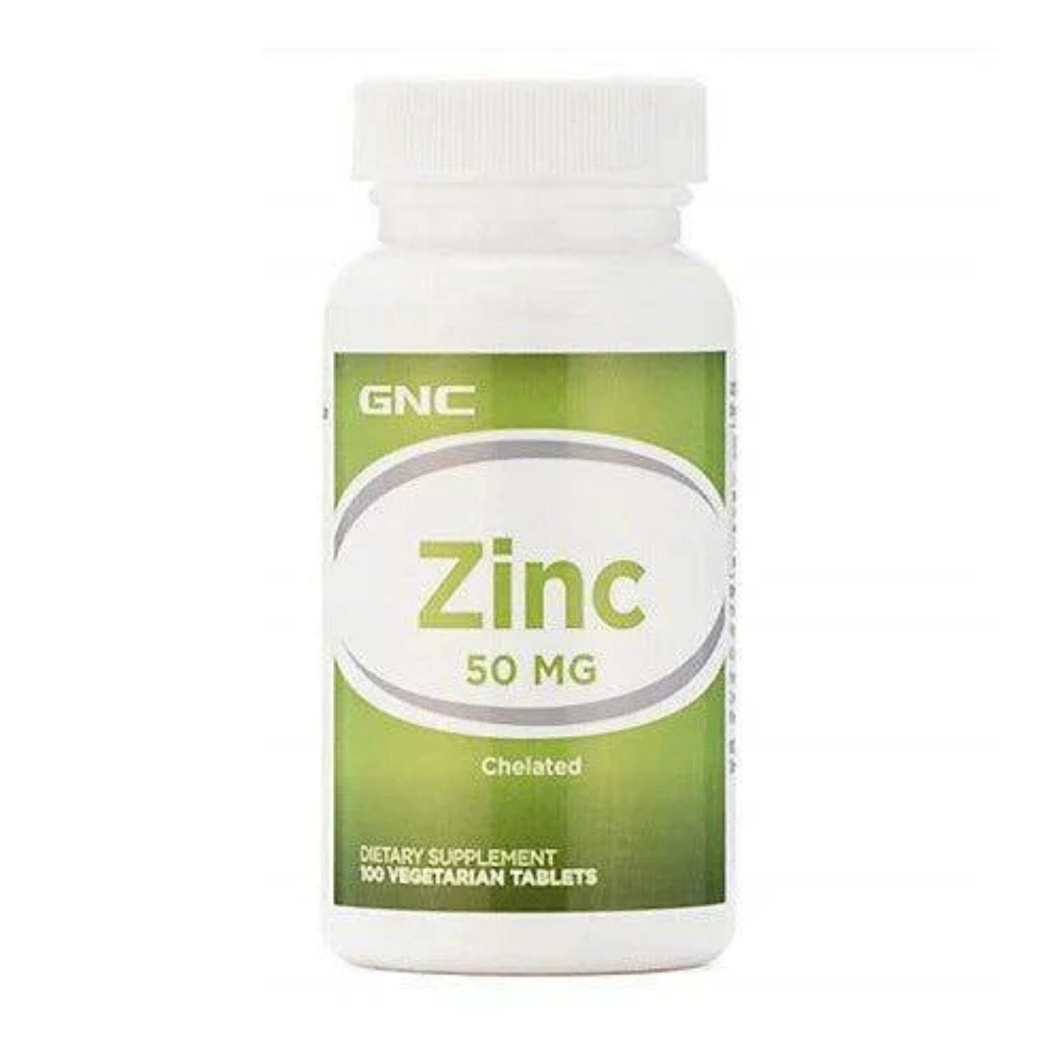 Front view of GNC Zinc 50mg dietary supplement bottle,