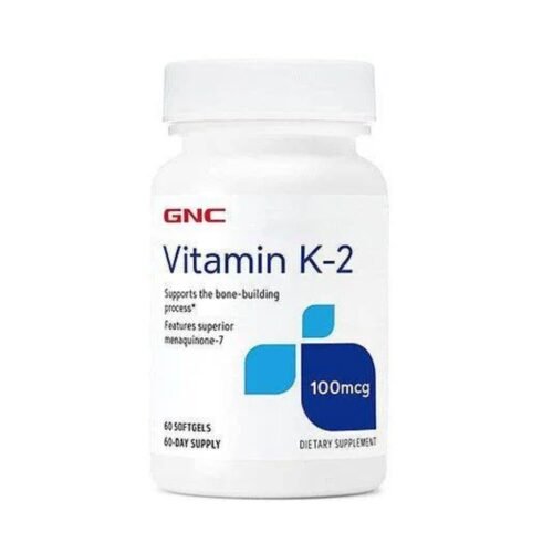 Front view of GNC Vitamin K-2 100mcg dietary supplement bottle, 60 softgels.