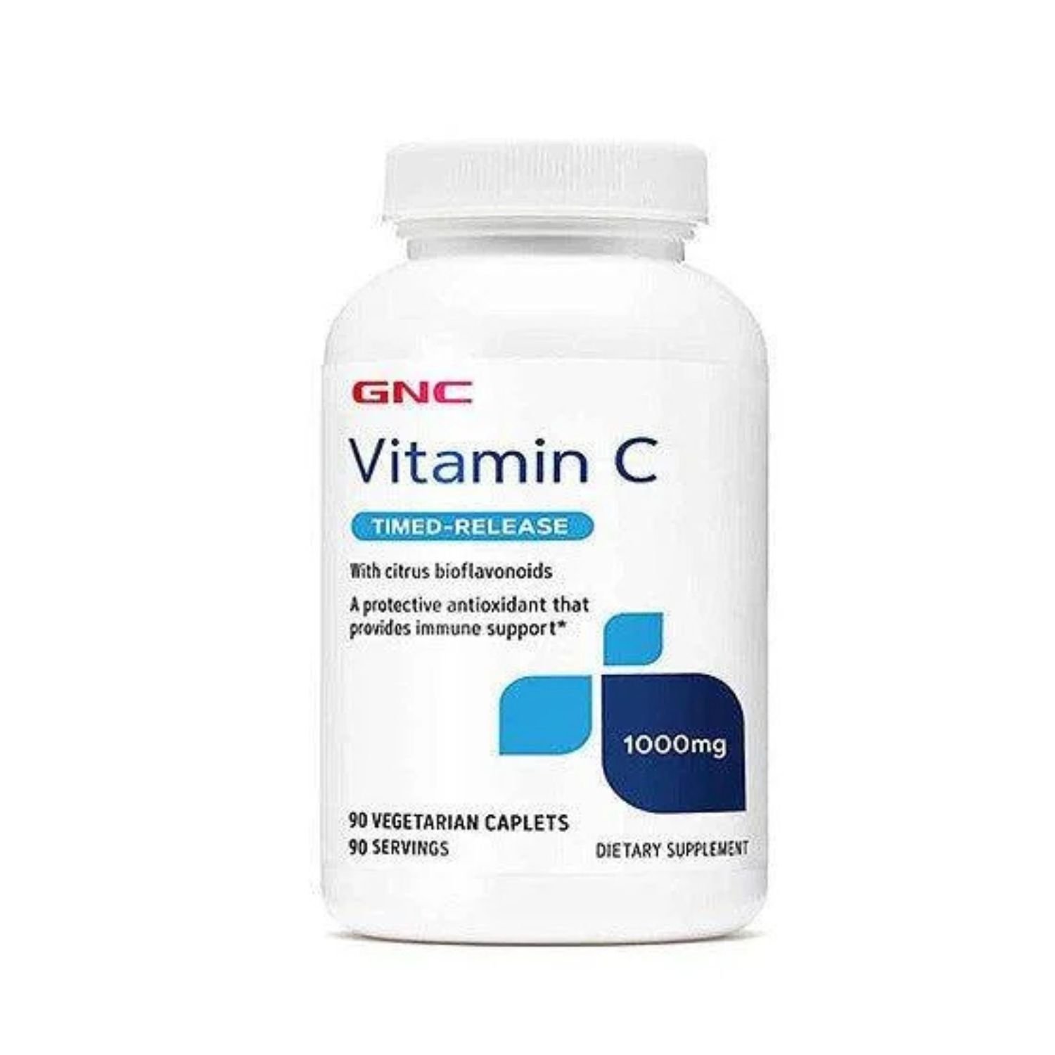 Front view of GNC Vitamin C 1000mg dietary supplement bottle, 90 vegetarian caplets.