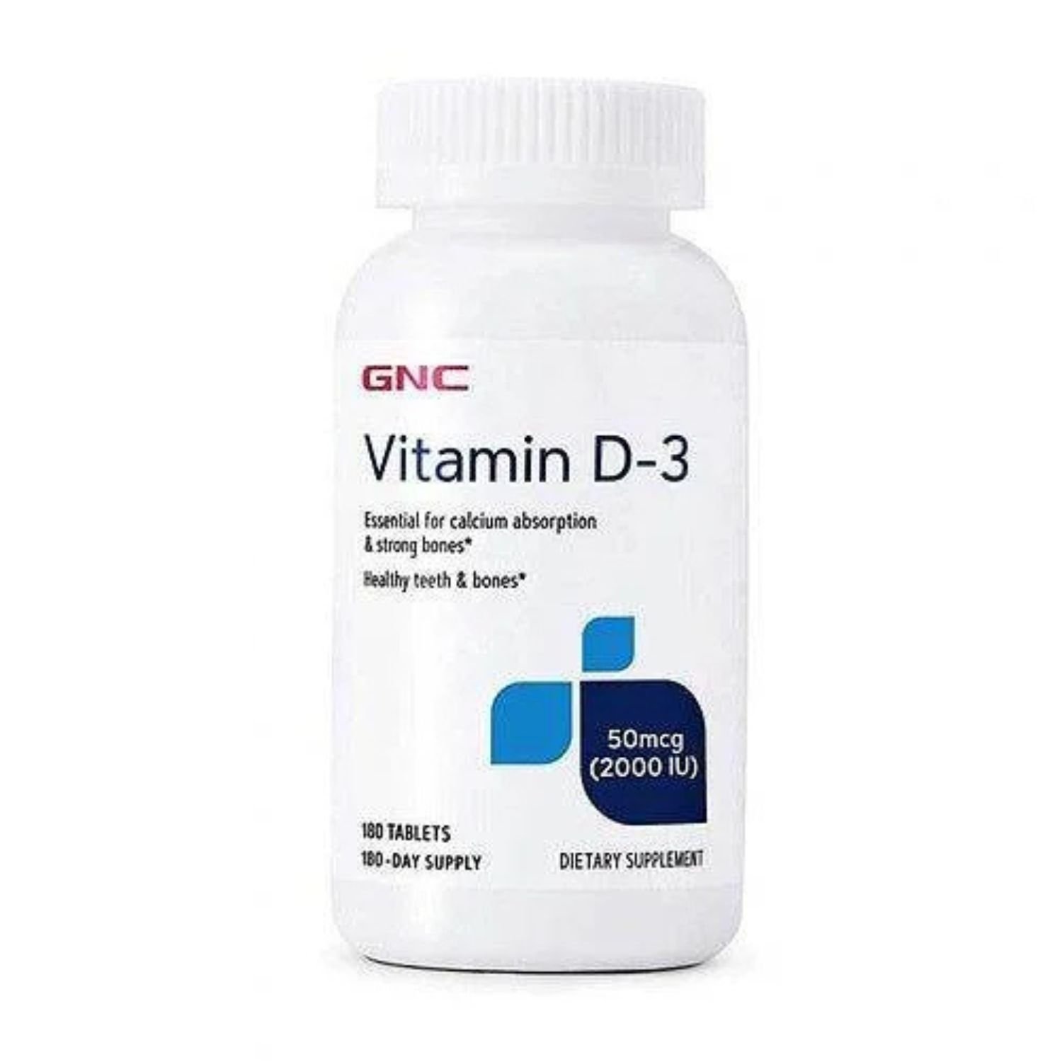 Front view of GNC Vitamin D-3 50mcg 2000 IU dietary supplement bottle, 180 tablets