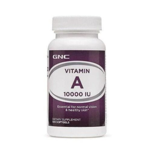 Front view of GNC Vitamin A 10,000 IU (3000mcg) supplement bottle, 100 softgels.