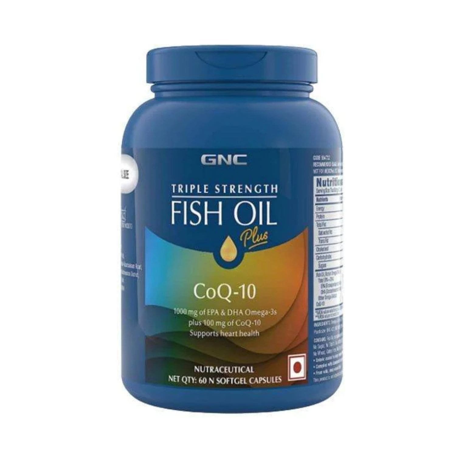 Front view of GNC Triple Strength Fish Oil Plus CoQ10 dietary supplement bottle, 60 softgels.