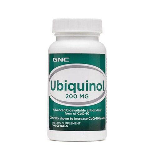 Front view of GNC Ubiquinol 200mg dietary supplement bottle, 30 softgels.