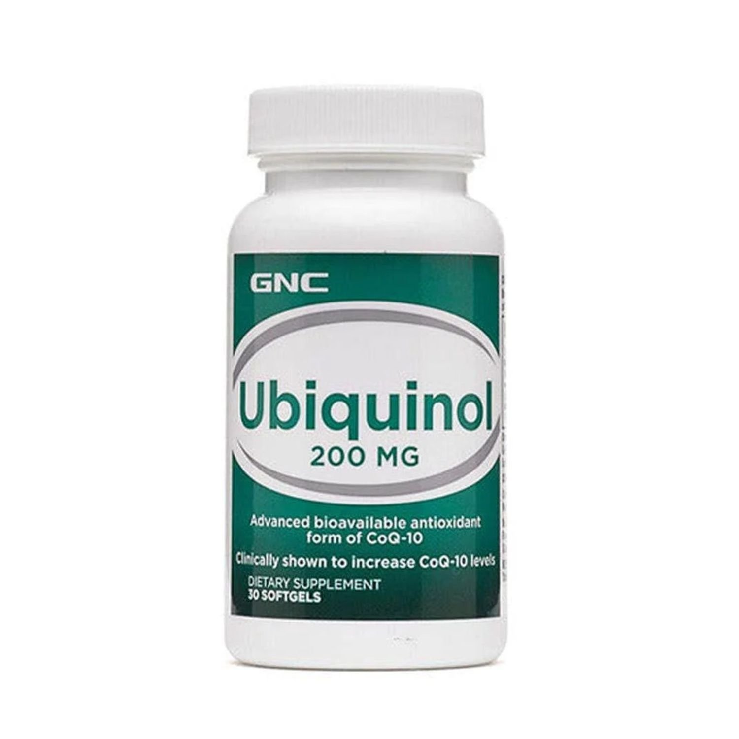 Front view of GNC Ubiquinol 200mg dietary supplement bottle, 30 softgels.