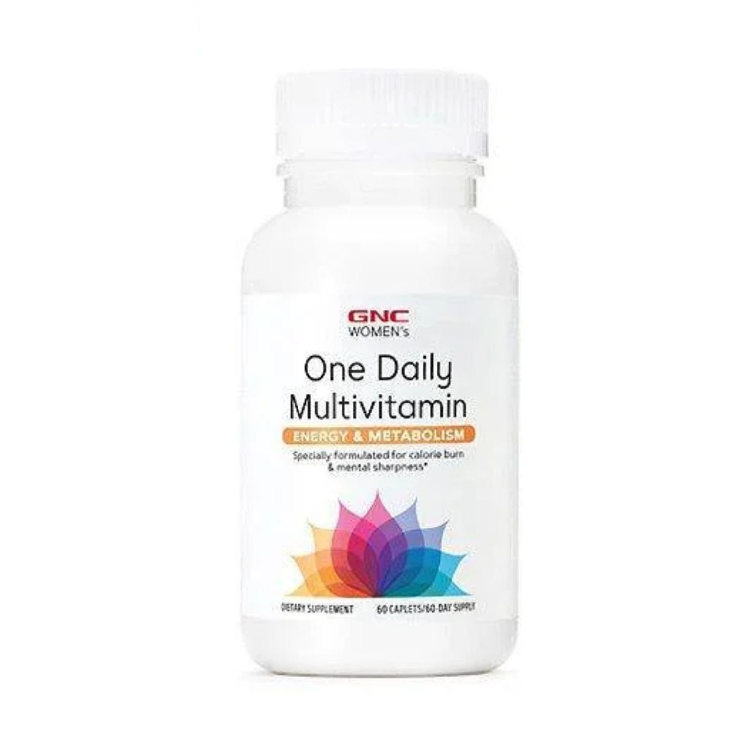 Front view of GNC Women's One Daily Multivitamin Energy and Metabolism 60 caplets bottle