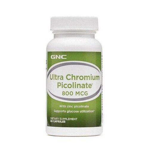 Front view of GNC Ultra Chromium Picolinate 800mcg dietary supplement bottle, 60 capsules
