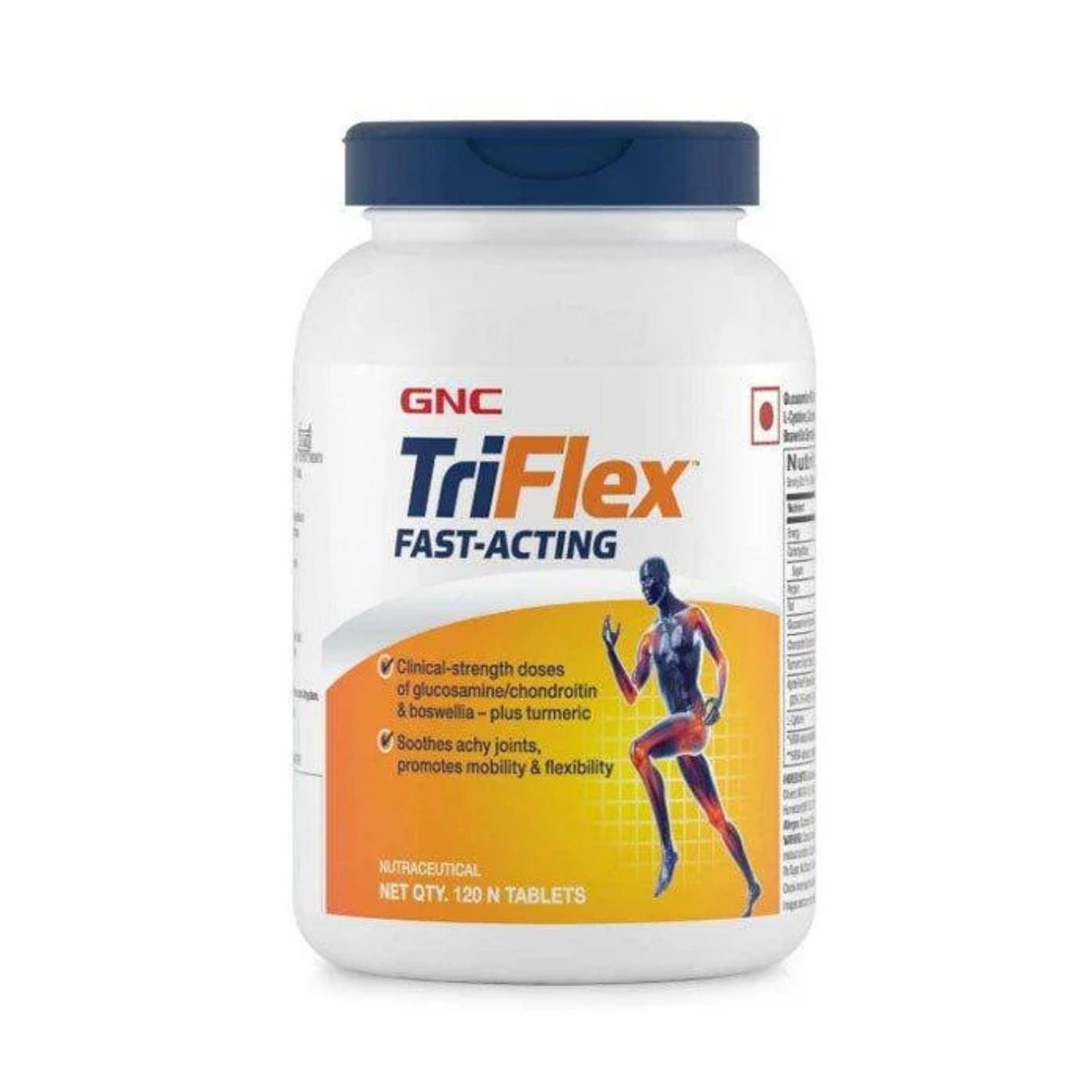 Front view of GNC TriFlex Fast-Acting joint health dietary supplement bottle, 120 caplets.