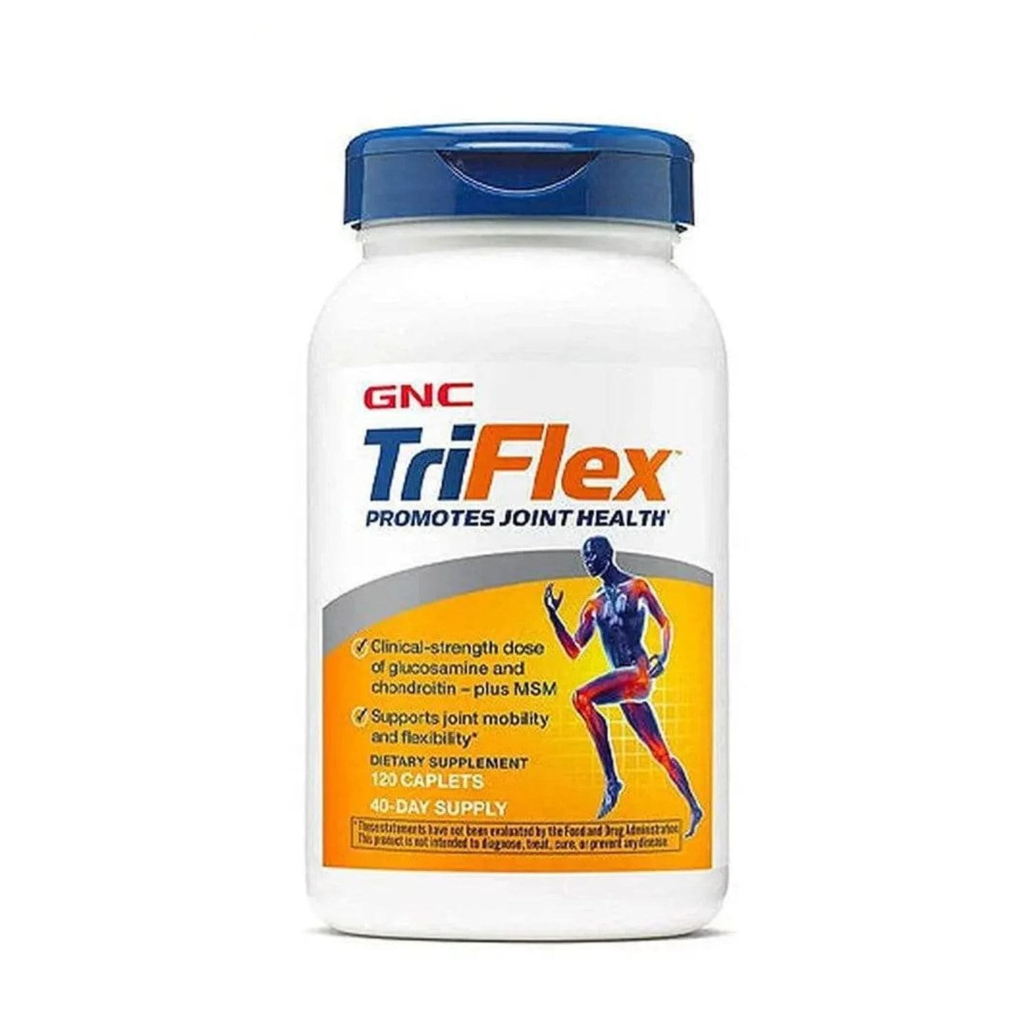 Front view of GNC TriFlex Promotes Joint Health dietary supplement bottle, 120 caplets.
