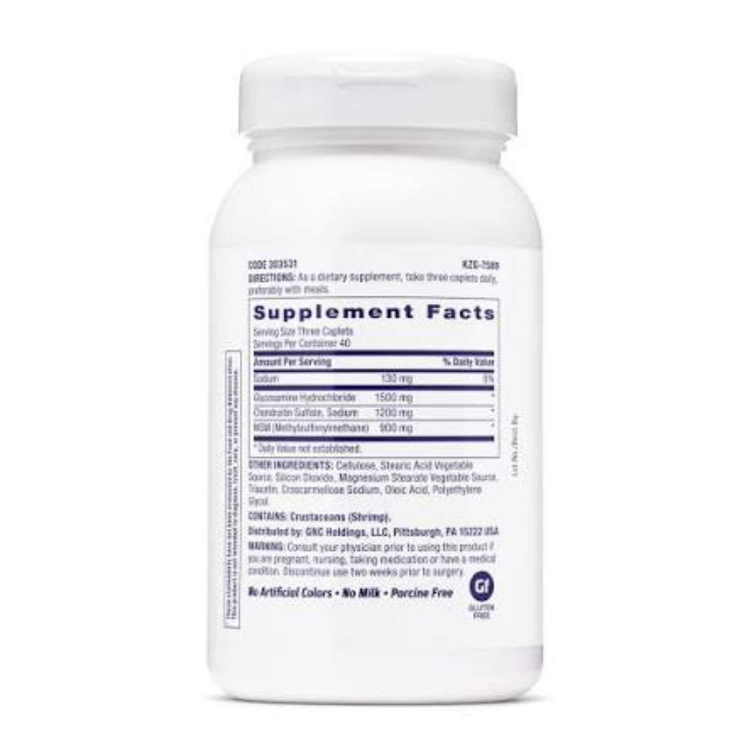 Supplement Facts label on the back of GNC TriFlex Promotes Joint Health 120 caplets bottle,