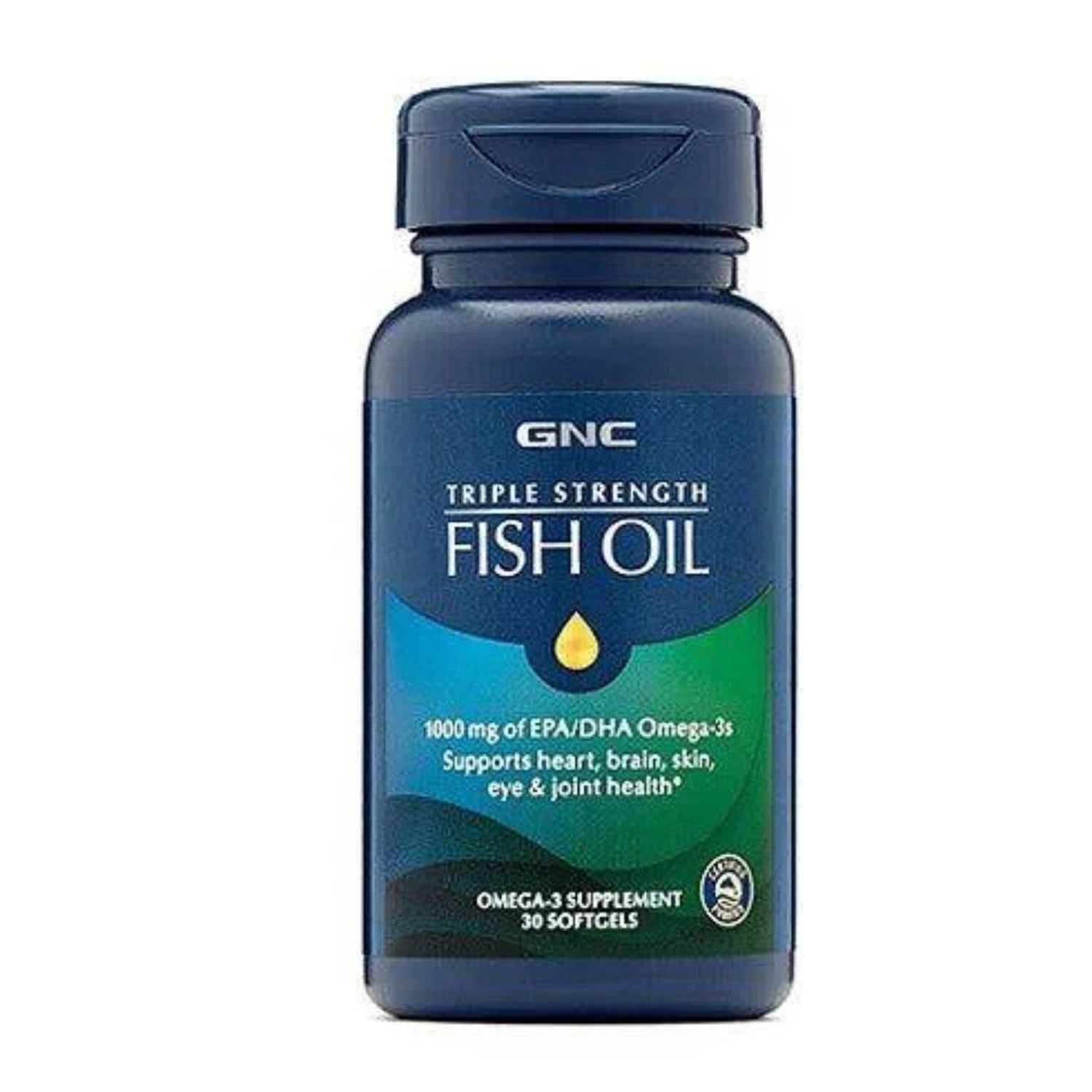 Front view of GNC Triple Strength Fish Oil 1000mg Omega-3 supplement bottle, 30 softgels.