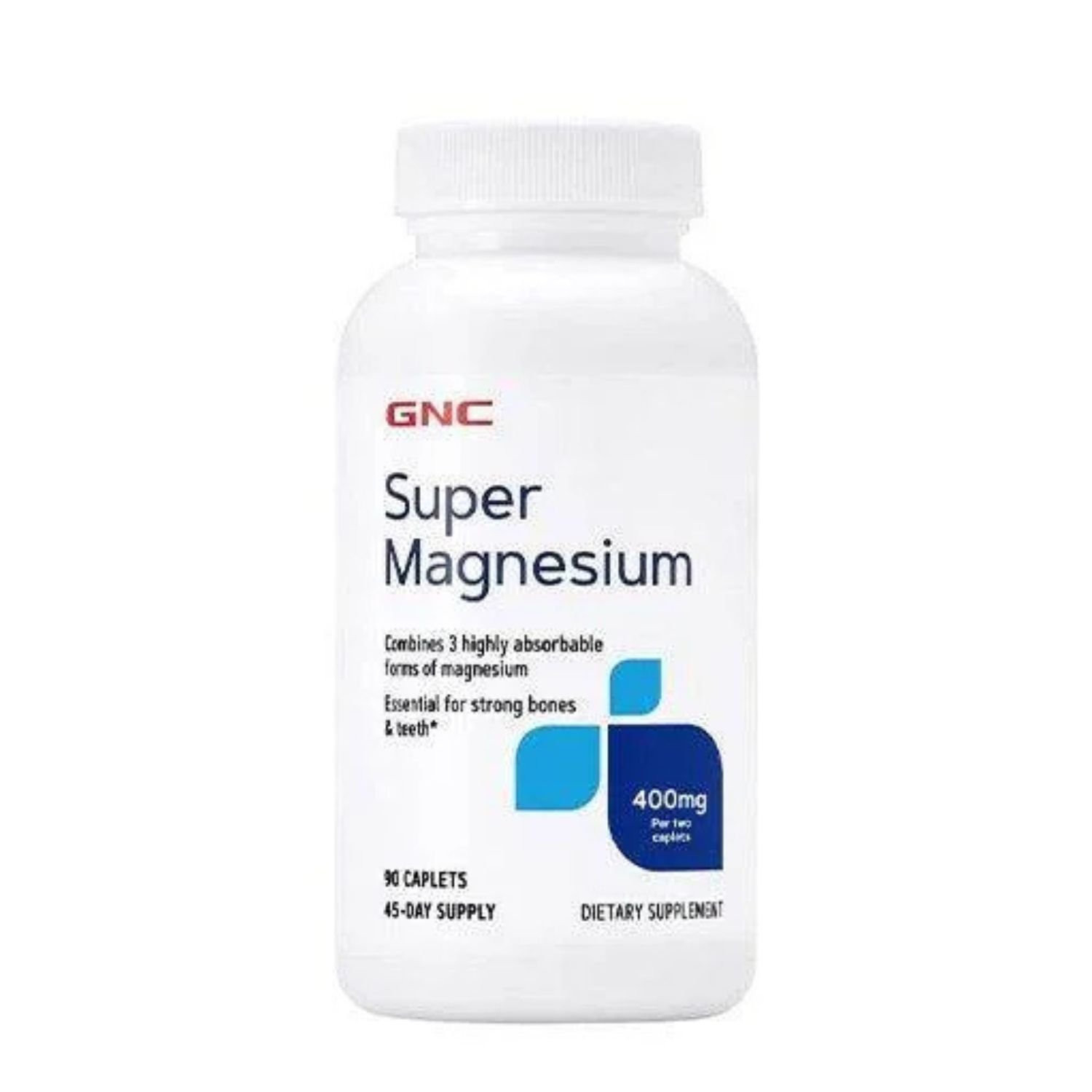 Front view of GNC Super Magnesium 400mg dietary supplement bottle, 90 caplets.