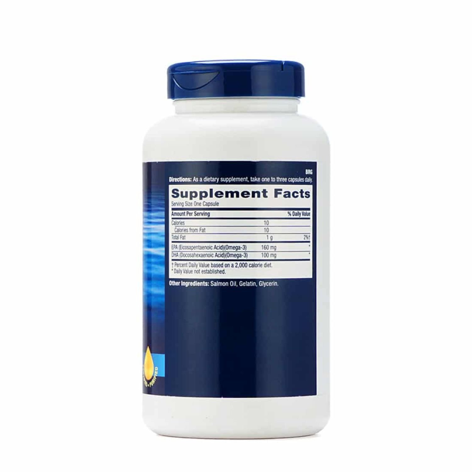 GNC Salmon Oil 180 Softgels ingredients label and supplement facts detailing 1000mg premium fish body oil rich in Omega-3