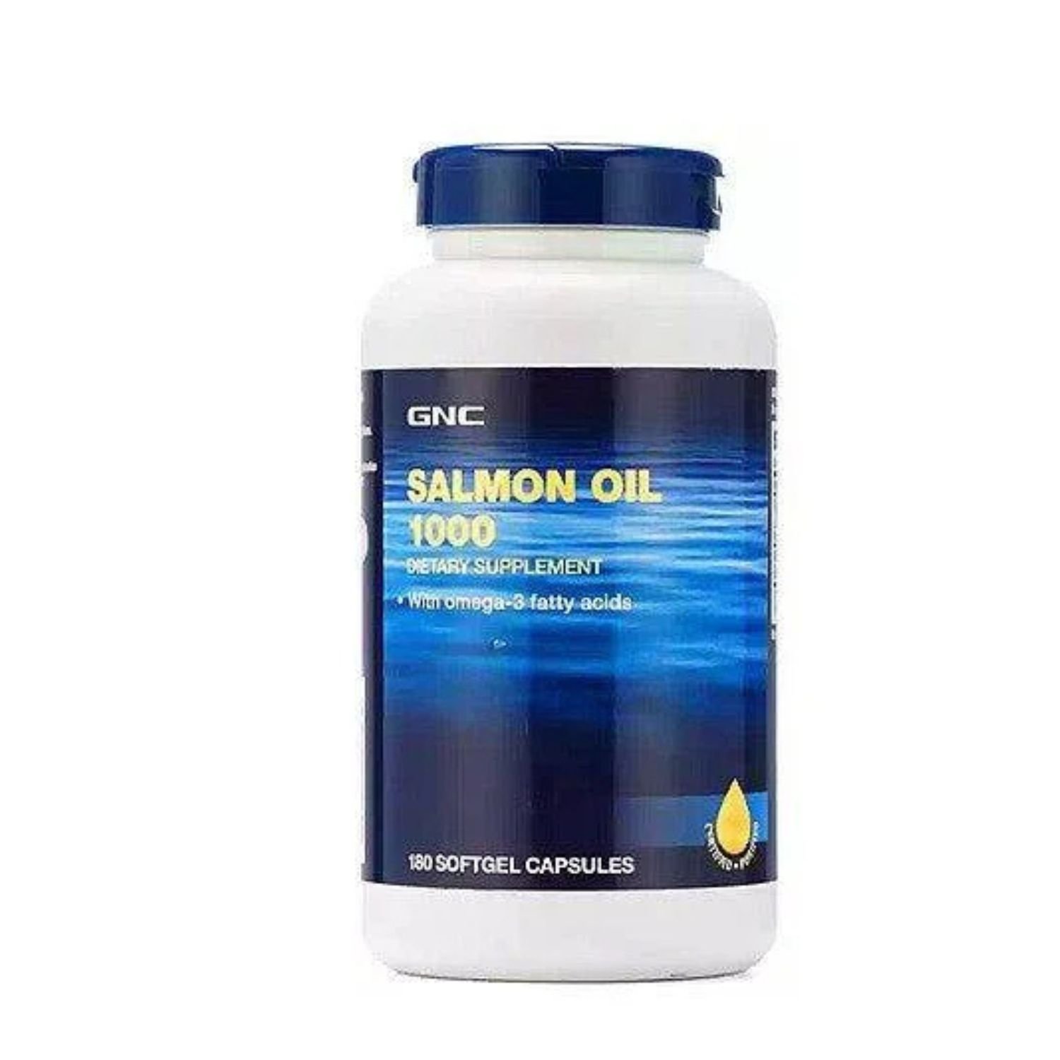 Front view of GNC Salmon Oil dietary supplement bottle, 180 softgels size.