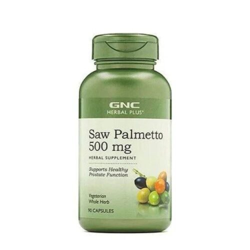 Front view of GNC Saw Palmetto 500mg dietary supplement bottle, 90 capsules.