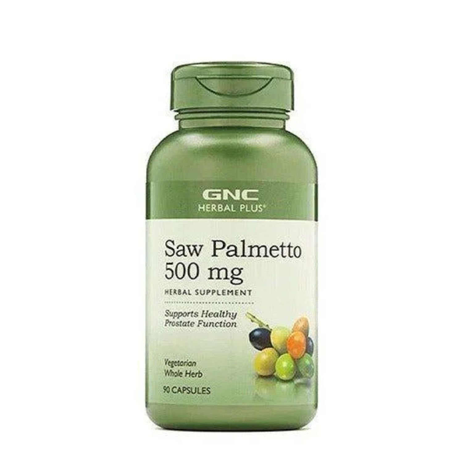 Front view of GNC Saw Palmetto 500mg dietary supplement bottle, 90 capsules.