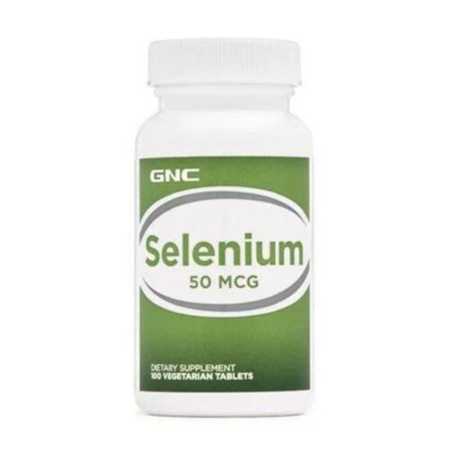 Front view of GNC Selenium 50mcg dietary supplement bottle, 100 tablets.