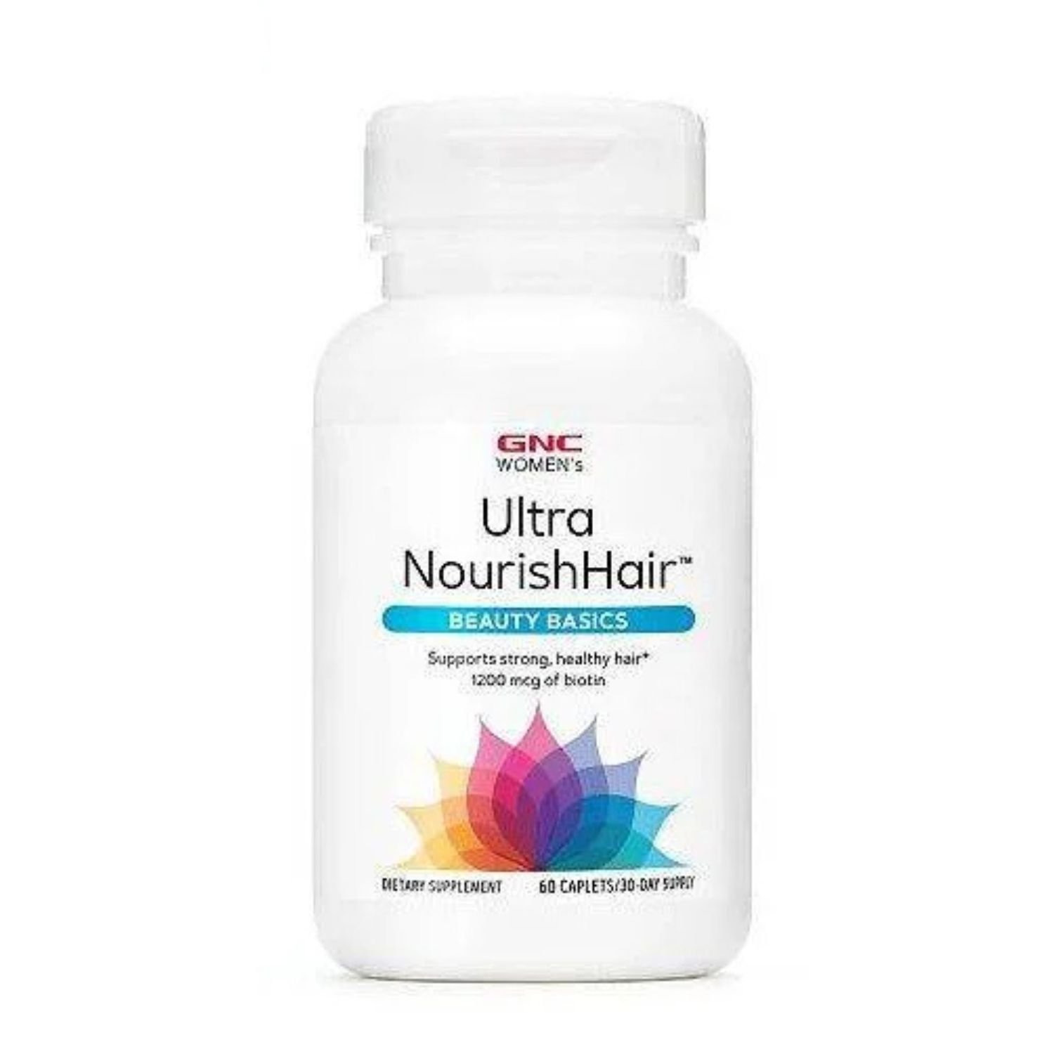 Front view of GNC Women's Ultra NourishHair dietary supplement bottle containing 60 caplets