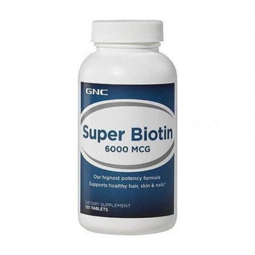 Front view of GNC Super Biotin 6000mcg dietary supplement bottle, 150 caplets size.