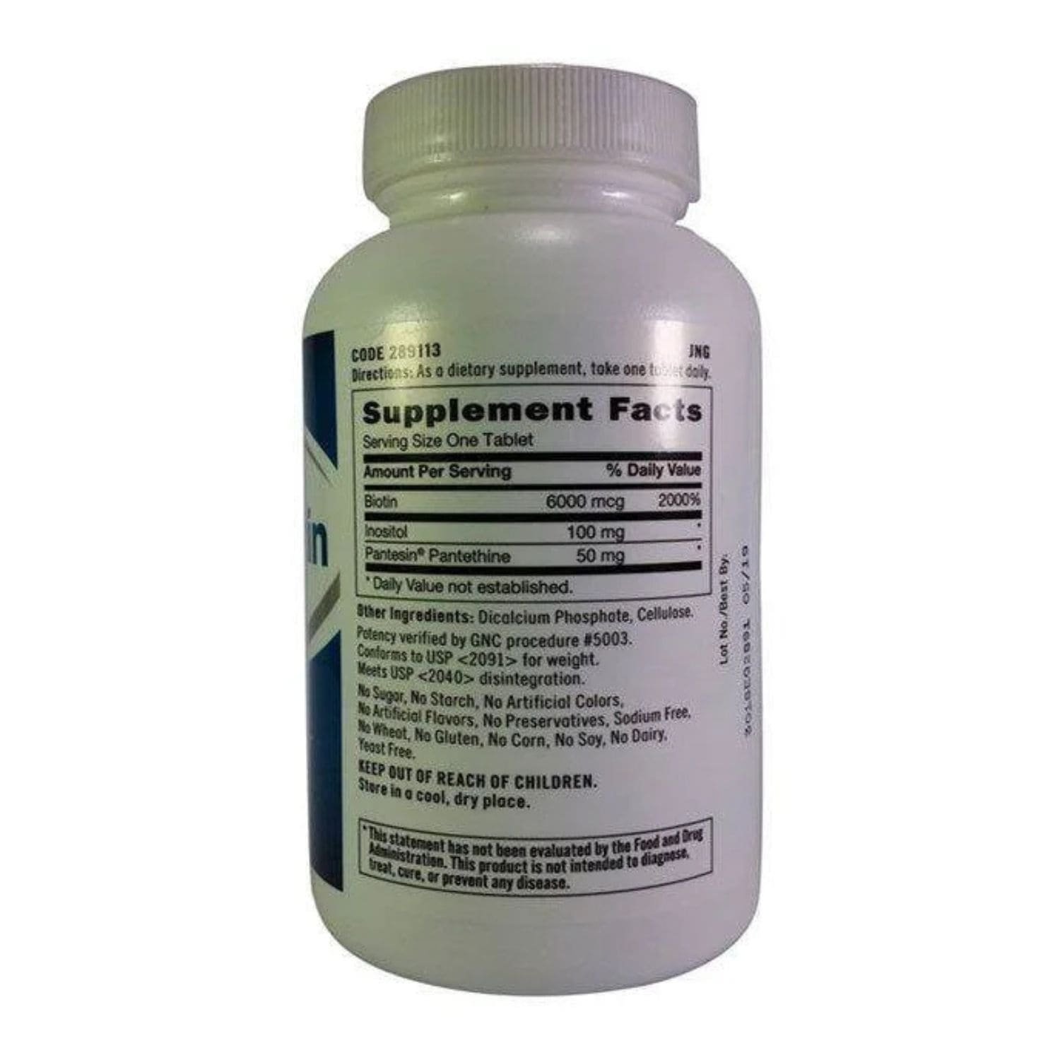 Supplement Facts label on the back of GNC Super Biotin 6000mcg 150 caplets bottle,