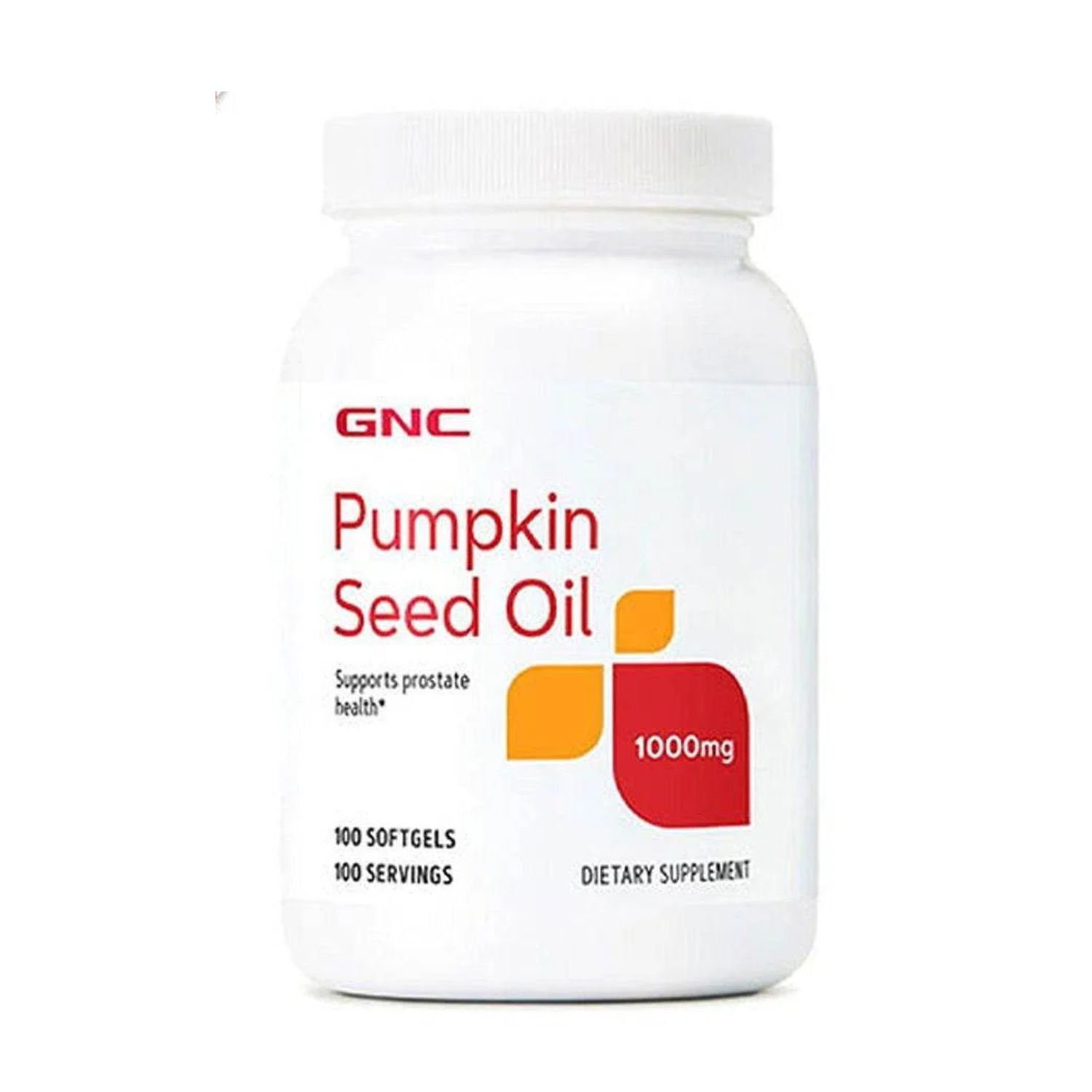 Front view of GNC Pumpkin Seed Oil 1000mg dietary supplement bottle, 100 softgels size.