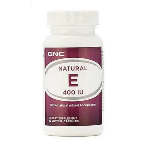 Front view of GNC Natural-E 400 IU dietary supplement bottle, 90 softgels size.