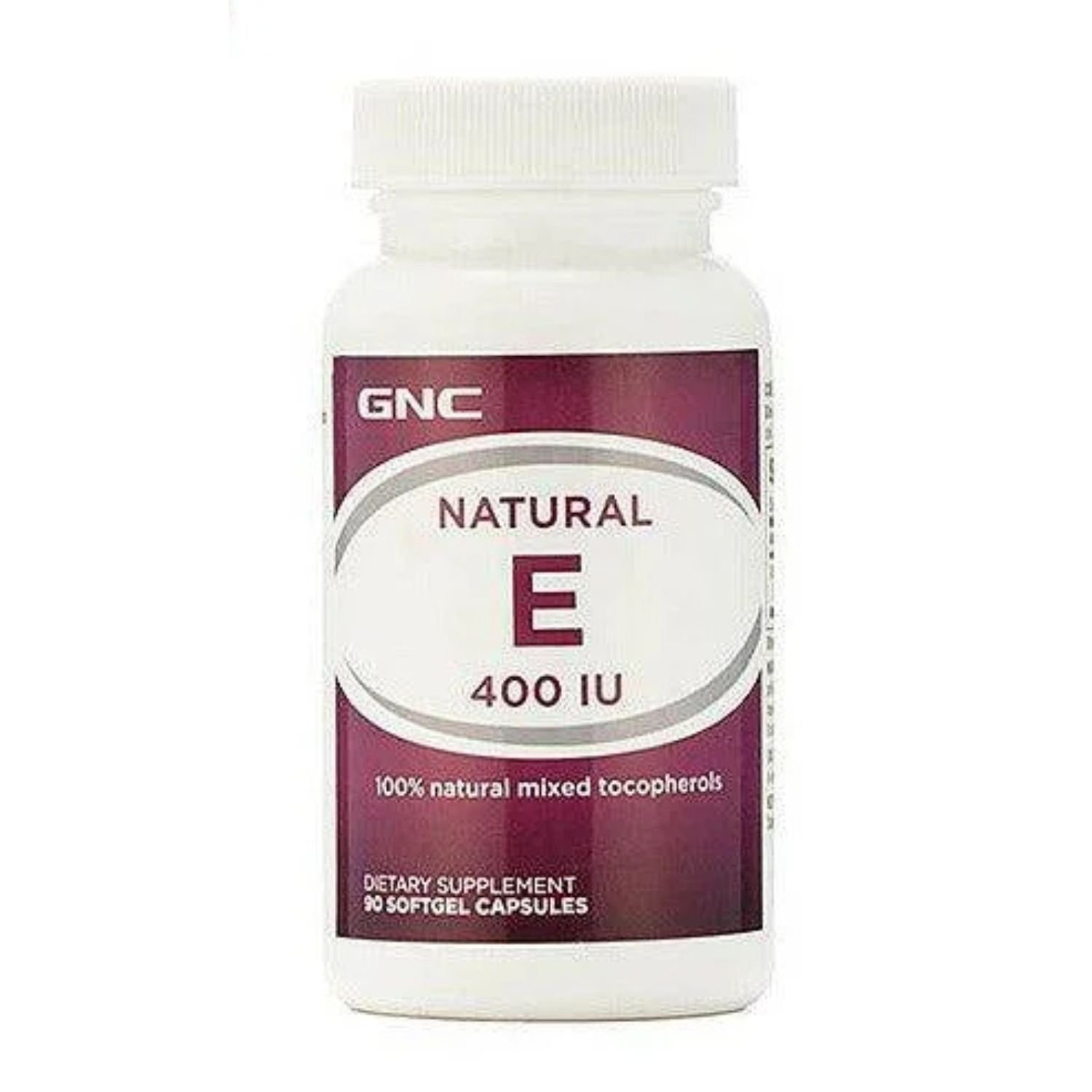 Front view of GNC Natural-E 400 IU dietary supplement bottle, 90 softgels size.