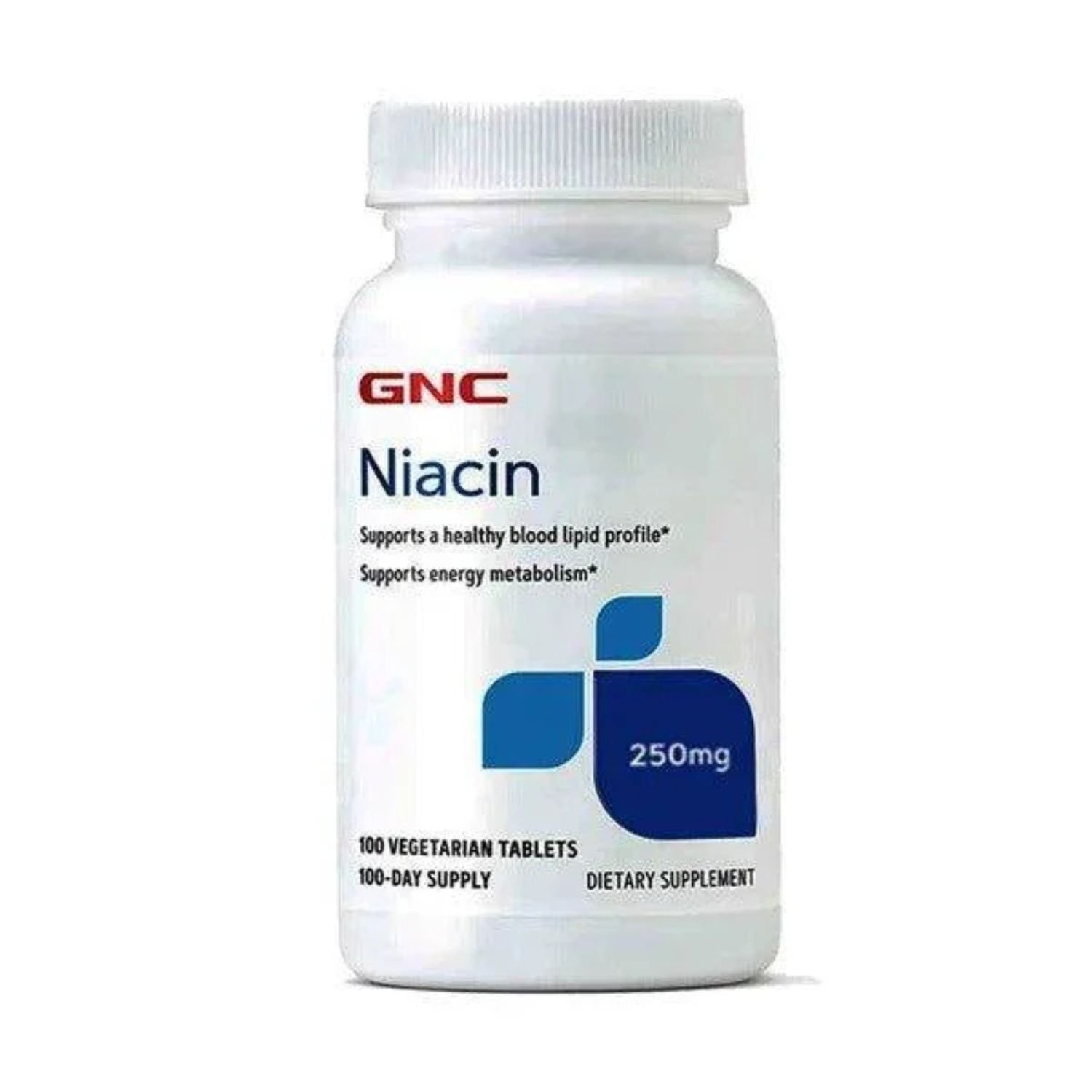 Front view of GNC Niacin 250mg supplement bottle containing 100 tablets.