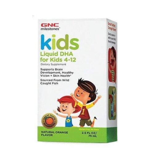 Front view of GNC Milestones Kids Liquid DHA 75ml bottle, premium omega-3 supplement
