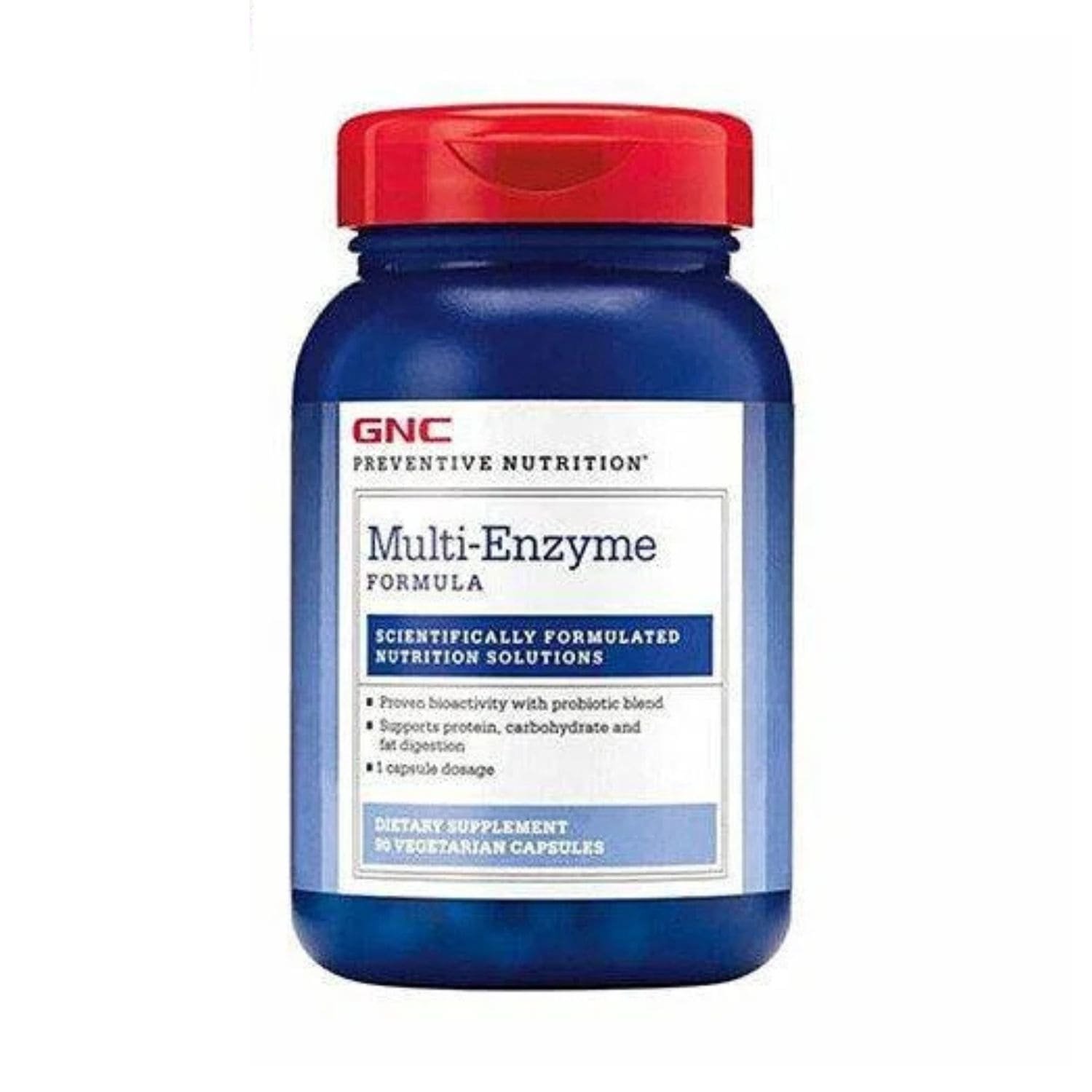 Front view of GNC Preventive Nutrition Multi Enzyme Formula bottle containing 90 vegetarian capsules.