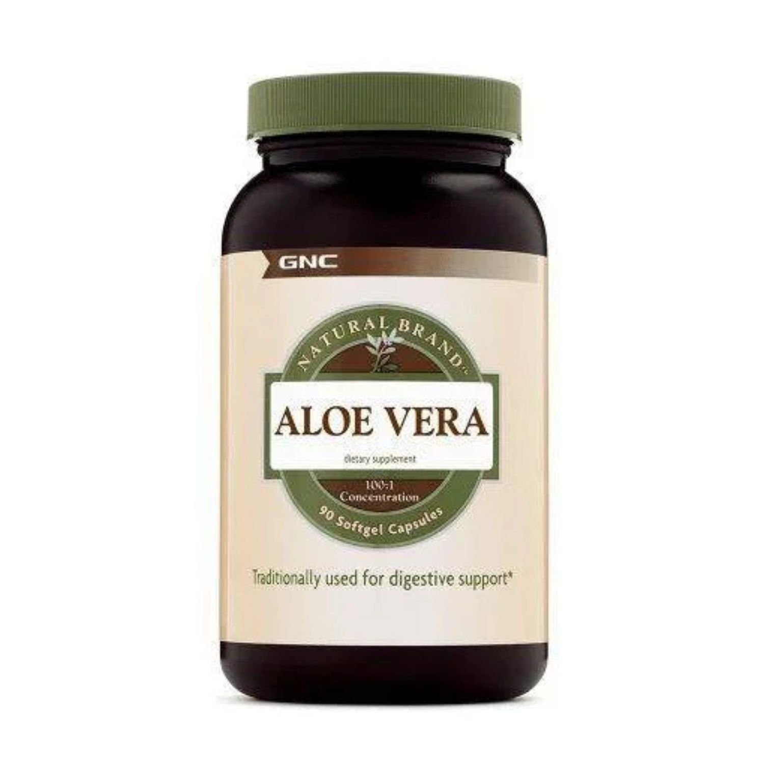 Front view of GNC Natural Brand Aloe Vera bottle containing 90 softgels for digestive comfort