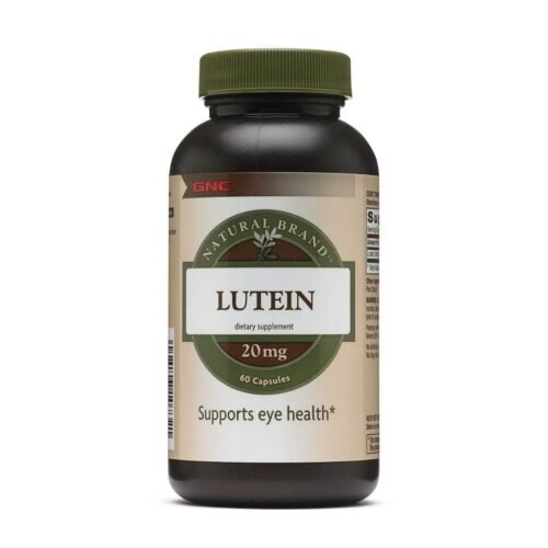 Front view of GNC Natural Brand Lutein 20mg bottle showing dietary supplement packaging